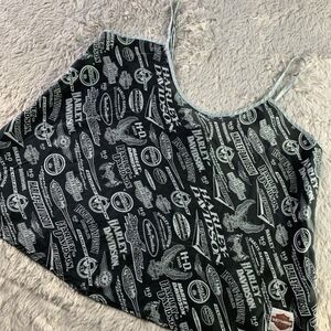 Harley Davidson Shirt Womens Large Black Gray Tank Top Silk All Over Print Logos